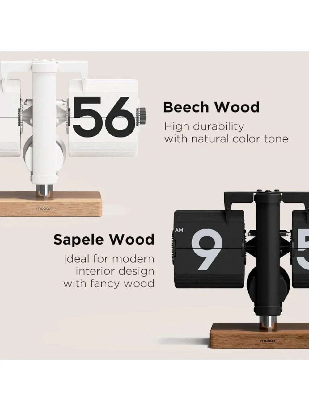 Home Black Analog Quartz Large Number Mini Wood Vintage Design Flip Desk Clock